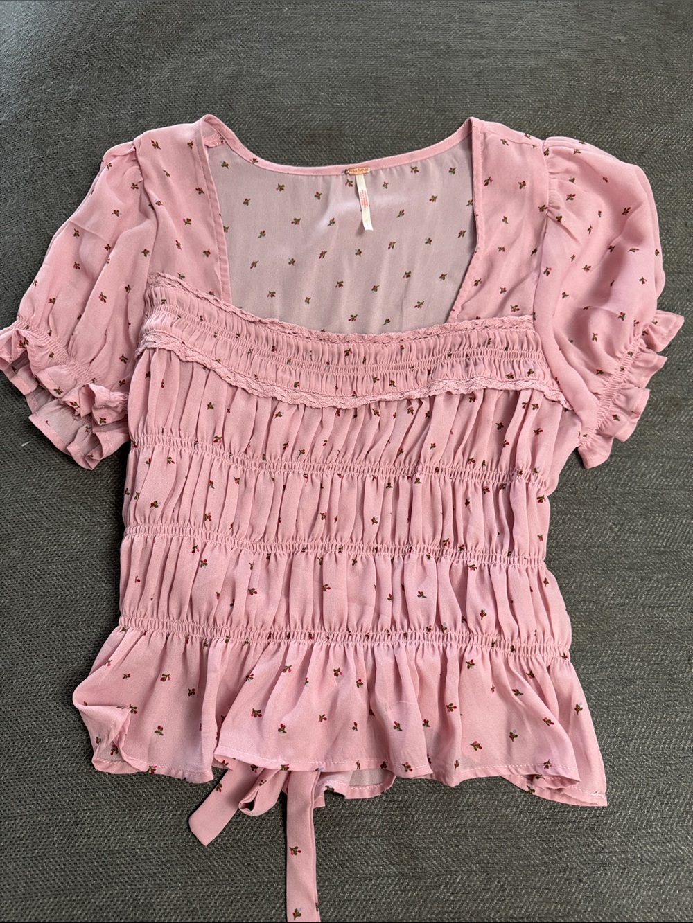 Free People Blush Pink Smocked Square-Neck Puff Sleeve Top